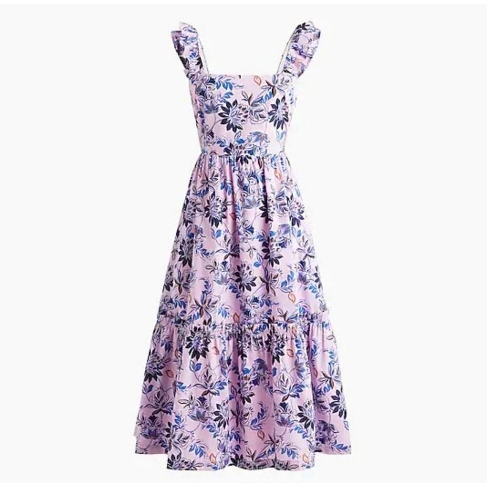J. Crew Purple Cotton Feminine Floral Print Midi Dress 8 Ruffle Tiered Resort